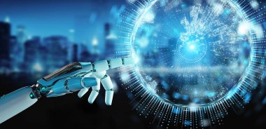 Beyaz insansı el kullanarak ağ hologram Avrupa Haritası ile Küre