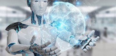 White humanoid using globe network hologram with Europe map 3D r clipart