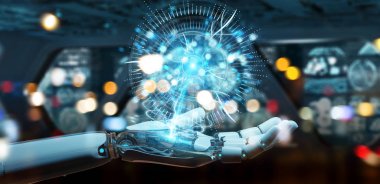 Dijital göz gözetim hologram 3d ren kullanarak beyaz cyborg ele