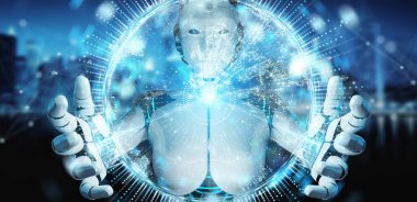 Dünya ağ hologram Europe ma ile kullanan beyaz insansı kadın