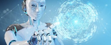 Dijital üçgen küre hologr patlayan kullanan beyaz robot kadın