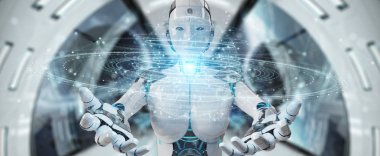 Dijital üçgen küre hologr patlayan kullanan beyaz robot kadın