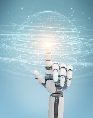 Beyaz robot el dijital küre bağlantı hologram 3d ren kullanarak