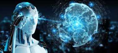 Beyaz robot kullanarak ağ hologram Amerika ABD ile dünya harita 3d