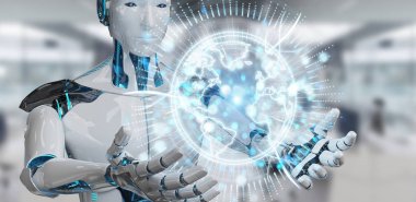 Beyaz robot kullanarak ağ hologram Amerika ABD ile dünya harita 3d