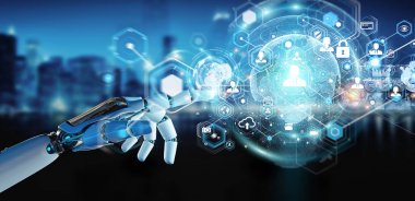 Dijital ekran arabirimi 3d işlemesini kullanan beyaz robot el