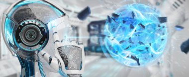 Beyaz kadın robot enerji topu 3d render oluşturma