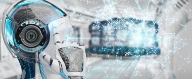 Beyaz kadın insanımsı dijital dünya hud arabirimi 3d render kullanarak