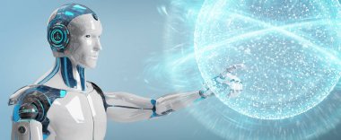 Beyaz erkek humanoid dijital küresel ağ 3d işleme kullanarak