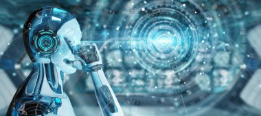 Beyaz erkek humanoid dijital küresel ağ 3d işleme kullanarak