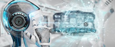 Beyaz kadın cyborg Planet Earth arabirimi 3d işleme kullanarak