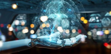 Planet Earth arabirimi 3d rendering kullanarak beyaz cyborg ele