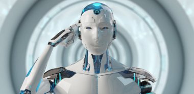 Beyaz erkek cyborg düşünme ve kafasını 3d render dokunmadan