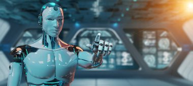 Onun parmak 3d render işaret beyaz erkek cyborg