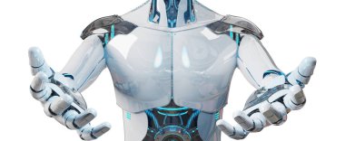 Beyaz erkek cyborg beyaz zemin üzerine 3d render izole onun iki eli açma