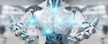 Beyaz adam cyborg dijital ağ bağlantısı 3d işleme kullanarak