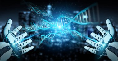 İnsan DNA'sı 3d render tarama beyaz cyborg el