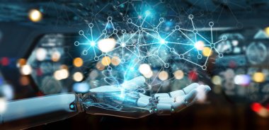 Dijital ağ bağlantısı 3B oluşturmayı kullanarak beyaz cyborg ele