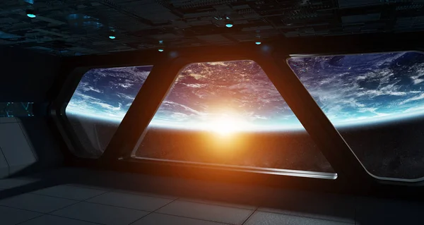 Pesawat luar angkasa interior futuristik dengan pemandangan di planet Bumi — Stok Foto