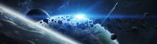 Panoramic view of planets in distant solar system in space 3D rendering elements of this image furnished by NASA