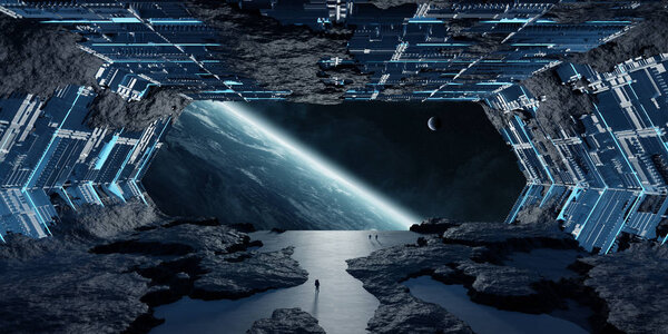 Huge blueish asteroid spaceship interior 3D rendering elements of this image furnished by NASA