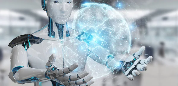 White humanoid using globe network hologram with Europe map 3D r — Stock Photo, Image