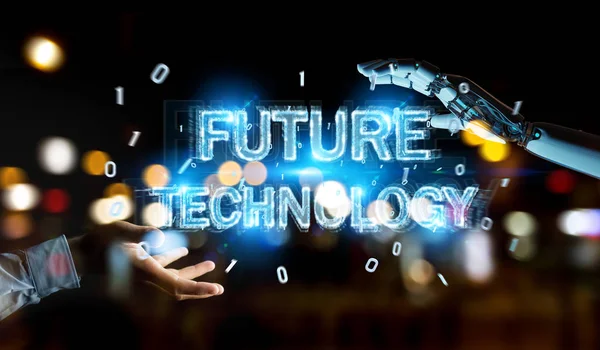White robot hand using future technology text hologram 3D render — Stock Photo, Image