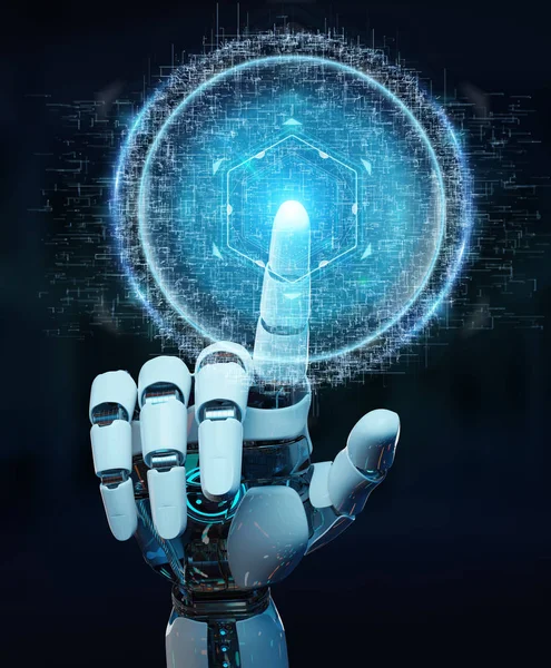 White robot hand using digital sphere connection hologram 3D ren — Stock Photo, Image