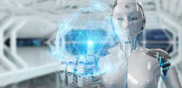 Kvinnen med hvit robot som bruker digital sfære hologram 3D re – stockfoto