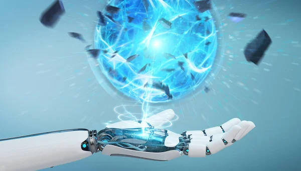 Robot blanco de mano creando bola de energía 3D renderizado —  Fotos de Stock