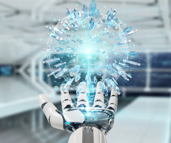 Dłoń biały robot łączenie ludzi 3d renderowania przy użyciu cyfrowego świata — Zdjęcie stockowe