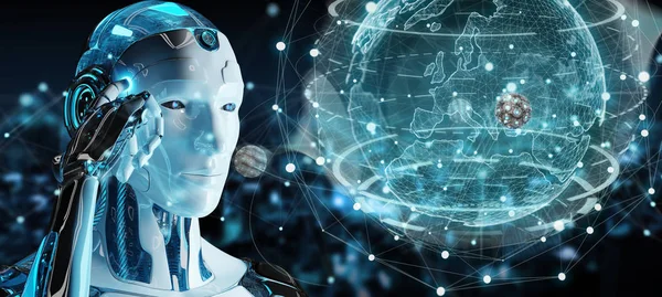 Blanke man cyborg met behulp van planeet aarde interface 3D-rendering — Stockfoto