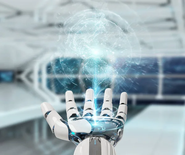 Bílá kyborg rukou pomocí planet Earth rozhraní 3d vykreslování — Stock fotografie