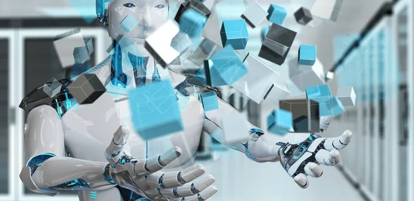 Cyborg blanco usando la representación 3D azul de la estructura del cubo digital — Foto de Stock
