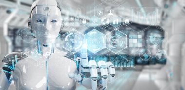 Beyaz kadın cyborg dijital veriler arabirimi 3d işleme kullanarak