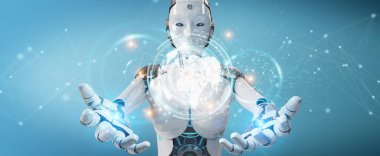 Beyaz kadın cyborg dijital veriler arabirimi 3d işleme kullanarak