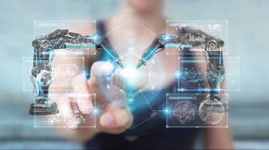 Robotik Kol dijital ekran 3d renderi ile kullanarak iş kadını