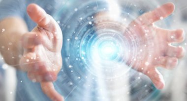 Dijital Ağ Bağlantısı arabirimi 3d render kullanarak iş adamı