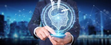 Dijital yapay zeka simgesi hologram kullanarak iş adamı 