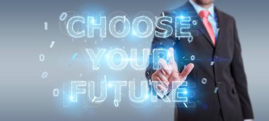 Gelecekteki metin arabirimi 3d rendering kullanarak iş adamı