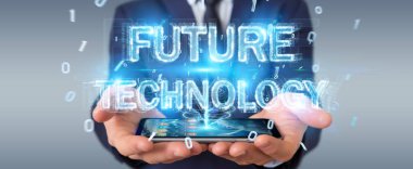 Geleceğin teknolojisi metin arabirimi 3d rendering kullanarak iş adamı