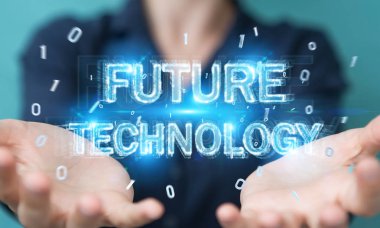 Geleceğin teknolojisi metin arabirimi 3d renderin kullanarak iş kadını