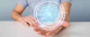 Dijital küre bağlantı hologram 3d renderin kullanarak iş adamı