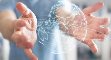 İşadamı küre ağ hologram Amerika ABD ile kullanarak harita 3d