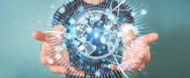 İşadamı küre ağ hologram Amerika ABD ile kullanarak harita 3d