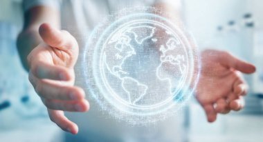 İşadamı küre ağ hologram Amerika ABD ile kullanarak harita 3d