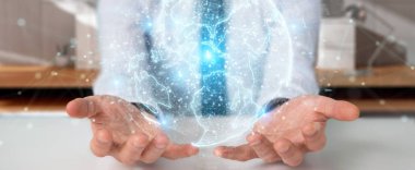 İşadamı küre ağ hologram Amerika ABD ile kullanarak harita 3d