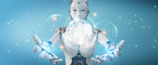 Cyborg donna bianca utilizzando l'interfaccia dati digitali rendering 3D — Foto Stock
