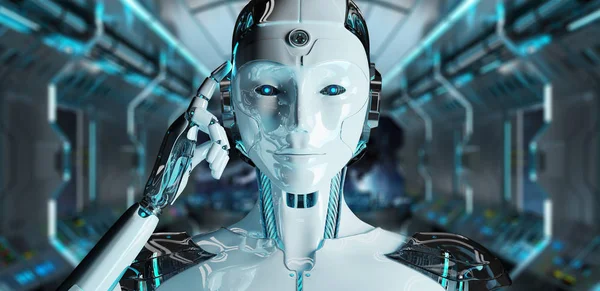 Vit kvinna cyborg tänkande och vidrör hennes huvud 3d-rendering — Stockfoto