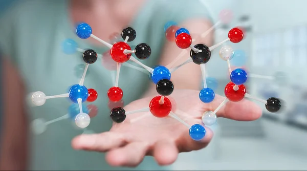 Businesswoman usando la estructura moderna de la molécula representación 3D — Foto de Stock